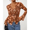 image:imageBTFBM Button Down Shirts for Women 2026 Spring Boho Tops V Neck Long Sleeve Blouses Ruched Mesh Fitted Fashion ClothingKhaki