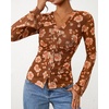 image:imageBTFBM Button Down Shirts for Women 2026 Spring Boho Tops V Neck Long Sleeve Blouses Ruched Mesh Fitted Fashion ClothingKhaki