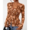 image:imageBTFBM Button Down Shirts for Women 2026 Spring Boho Tops V Neck Long Sleeve Blouses Ruched Mesh Fitted Fashion ClothingKhaki