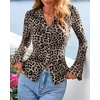 image:imageBTFBM Button Down Shirts for Women 2026 Spring Boho Tops V Neck Long Sleeve Blouses Ruched Mesh Fitted Fashion ClothingLeopard