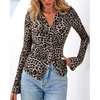 image:imageBTFBM Button Down Shirts for Women 2026 Spring Boho Tops V Neck Long Sleeve Blouses Ruched Mesh Fitted Fashion ClothingLeopard