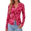 image:imageBTFBM Button Down Shirts for Women 2026 Spring Boho Tops V Neck Long Sleeve Blouses Ruched Mesh Fitted Fashion ClothingPink Red Flower