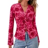 image:imageBTFBM Button Down Shirts for Women 2026 Spring Boho Tops V Neck Long Sleeve Blouses Ruched Mesh Fitted Fashion ClothingPink Red Flower
