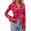 image:imageBTFBM Button Down Shirts for Women 2026 Spring Boho Tops V Neck Long Sleeve Blouses Ruched Mesh Fitted Fashion ClothingPink Red Flower