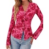 image:imageBTFBM Button Down Shirts for Women 2026 Spring Boho Tops V Neck Long Sleeve Blouses Ruched Mesh Fitted Fashion ClothingPink Red Flower