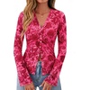 image:imageBTFBM Button Down Shirts for Women 2026 Spring Boho Tops V Neck Long Sleeve Blouses Ruched Mesh Fitted Fashion ClothingPink Red Flower