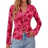 image:imageBTFBM Button Down Shirts for Women 2026 Spring Boho Tops V Neck Long Sleeve Blouses Ruched Mesh Fitted Fashion ClothingPink Red Flower