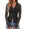 image:imageBTFBM Button Down Shirts for Women 2026 Spring Boho Tops V Neck Long Sleeve Blouses Ruched Mesh Fitted Fashion ClothingPolka Dot Black White