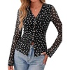 image:imageBTFBM Button Down Shirts for Women 2026 Spring Boho Tops V Neck Long Sleeve Blouses Ruched Mesh Fitted Fashion ClothingPolka Dot Black White
