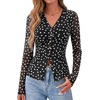 image:imageBTFBM Button Down Shirts for Women 2026 Spring Boho Tops V Neck Long Sleeve Blouses Ruched Mesh Fitted Fashion ClothingPolka Dot Black White