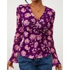 image:imageBTFBM Button Down Shirts for Women 2026 Spring Boho Tops V Neck Long Sleeve Blouses Ruched Mesh Fitted Fashion ClothingPurple