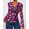 image:imageBTFBM Button Down Shirts for Women 2026 Spring Boho Tops V Neck Long Sleeve Blouses Ruched Mesh Fitted Fashion ClothingPurple