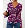 image:imageBTFBM Button Down Shirts for Women 2026 Spring Boho Tops V Neck Long Sleeve Blouses Ruched Mesh Fitted Fashion ClothingPurple
