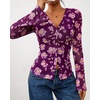 image:imageBTFBM Button Down Shirts for Women 2026 Spring Boho Tops V Neck Long Sleeve Blouses Ruched Mesh Fitted Fashion ClothingPurple