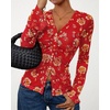 image:imageBTFBM Button Down Shirts for Women 2026 Spring Boho Tops V Neck Long Sleeve Blouses Ruched Mesh Fitted Fashion ClothingRed