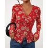 image:imageBTFBM Button Down Shirts for Women 2026 Spring Boho Tops V Neck Long Sleeve Blouses Ruched Mesh Fitted Fashion ClothingRed