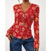 image:imageBTFBM Button Down Shirts for Women 2026 Spring Boho Tops V Neck Long Sleeve Blouses Ruched Mesh Fitted Fashion ClothingRed