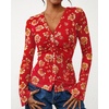 image:imageBTFBM Button Down Shirts for Women 2026 Spring Boho Tops V Neck Long Sleeve Blouses Ruched Mesh Fitted Fashion ClothingRed