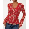 image:imageBTFBM Button Down Shirts for Women 2026 Spring Boho Tops V Neck Long Sleeve Blouses Ruched Mesh Fitted Fashion ClothingRed