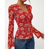 image:imageBTFBM Button Down Shirts for Women 2026 Spring Boho Tops V Neck Long Sleeve Blouses Ruched Mesh Fitted Fashion ClothingRed