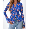 image:imageBTFBM Button Down Shirts for Women 2026 Spring Boho Tops V Neck Long Sleeve Blouses Ruched Mesh Fitted Fashion ClothingRoyal Blue