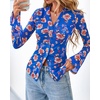image:imageBTFBM Button Down Shirts for Women 2026 Spring Boho Tops V Neck Long Sleeve Blouses Ruched Mesh Fitted Fashion ClothingRoyal Blue