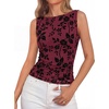 image:imageBTFBM Womens Tank Tops 2026 Summer Floral Mesh Sleeveless Boat Neck Slim Fit Shirts Casual Spring Ruched Going Out TopBurgundy