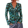 image:imageBTFBM Button Down Shirts for Women 2026 Spring Boho Tops V Neck Long Sleeve Blouses Ruched Mesh Fitted Fashion ClothingBlack Blue Flower