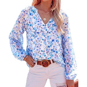 image:imageBTFBM Blouses for Women Dressy Casual Floral Summer Boho Tops V Neck Lightweight Long Sleeve Shirts Spring Clothes 2026Floral Dark Blue