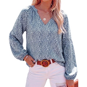 image:imageBTFBM Blouses for Women Dressy Casual Floral Summer Boho Tops V Neck Lightweight Long Sleeve Shirts Spring Clothes 2026Leopard Dark Blue