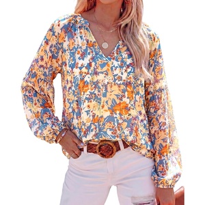image:imageBTFBM Blouses for Women Dressy Casual Floral Summer Boho Tops V Neck Lightweight Long Sleeve Shirts Spring Clothes 2026Multicolor Dark Blue