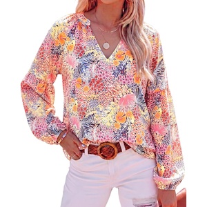 image:imageBTFBM Blouses for Women Dressy Casual Floral Summer Boho Tops V Neck Lightweight Long Sleeve Shirts Spring Clothes 2026Multicolor Red