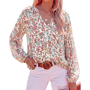 image:imageBTFBM Blouses for Women Dressy Casual Floral Summer Boho Tops V Neck Lightweight Long Sleeve Shirts Spring Clothes 2026Pink Blue Flower White