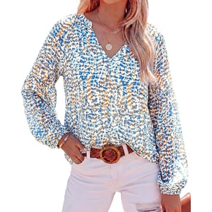 image:imageBTFBM Blouses for Women Dressy Casual Floral Summer Boho Tops V Neck Lightweight Long Sleeve Shirts Spring Clothes 2026Print Blue White