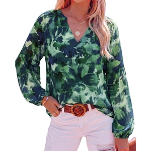 image:imageBTFBM Blouses for Women Dressy Casual Floral Summer Boho Tops V Neck Lightweight Long Sleeve Shirts Spring Clothes 2026Print Green