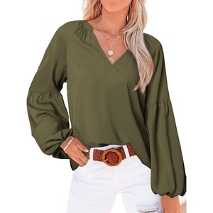 image:imageBTFBM Blouses for Women Dressy Casual Floral Summer Boho Tops V Neck Lightweight Long Sleeve Shirts Spring Clothes 2026Solid Army Green