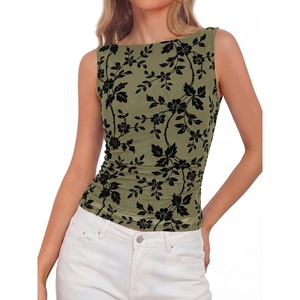 image:imageBTFBM Womens Tank Tops 2026 Summer Floral Mesh Sleeveless Boat Neck Slim Fit Shirts Casual Spring Ruched Going Out TopArmy Green