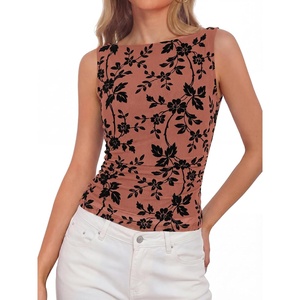 image:imageBTFBM Womens Tank Tops 2026 Summer Floral Mesh Sleeveless Boat Neck Slim Fit Shirts Casual Spring Ruched Going Out TopBrown