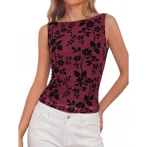 image:imageBTFBM Womens Tank Tops 2026 Summer Floral Mesh Sleeveless Boat Neck Slim Fit Shirts Casual Spring Ruched Going Out TopBurgundy
