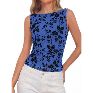 image:imageBTFBM Womens Tank Tops 2026 Summer Floral Mesh Sleeveless Boat Neck Slim Fit Shirts Casual Spring Ruched Going Out TopRoyal Blue