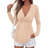 image:imageBTFBM Babydoll Tops for Women 2026 Fall Fashion Twist Front V Neck Flowy Long Sleeve Blouses Dressy Casual Peplum TopsBeige
