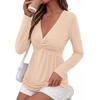 image:imageBTFBM Babydoll Tops for Women 2026 Fall Fashion Twist Front V Neck Flowy Long Sleeve Blouses Dressy Casual Peplum TopsBeige