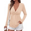 image:imageBTFBM Babydoll Tops for Women 2026 Fall Fashion Twist Front V Neck Flowy Long Sleeve Blouses Dressy Casual Peplum TopsBeige