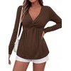 image:imageBTFBM Babydoll Tops for Women 2026 Fall Fashion Twist Front V Neck Flowy Long Sleeve Blouses Dressy Casual Peplum TopsBrown
