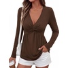 image:imageBTFBM Babydoll Tops for Women 2026 Fall Fashion Twist Front V Neck Flowy Long Sleeve Blouses Dressy Casual Peplum TopsBrown