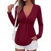 image:imageBTFBM Babydoll Tops for Women 2026 Fall Fashion Twist Front V Neck Flowy Long Sleeve Blouses Dressy Casual Peplum TopsBurgundy