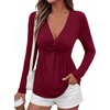 image:imageBTFBM Babydoll Tops for Women 2026 Fall Fashion Twist Front V Neck Flowy Long Sleeve Blouses Dressy Casual Peplum TopsBurgundy