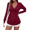 image:imageBTFBM Babydoll Tops for Women 2026 Fall Fashion Twist Front V Neck Flowy Long Sleeve Blouses Dressy Casual Peplum TopsBurgundy