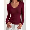image:imageBTFBM Lace Deep V Neck Long Sleeve Shirts for Women Fitted Going Out Tops Night Out Outfits Fall Fashion Clothing 2026Burgundy