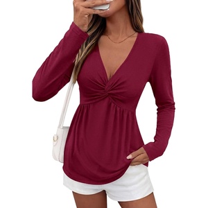 image:imageBTFBM Babydoll Tops for Women 2026 Fall Fashion Twist Front V Neck Flowy Long Sleeve Blouses Dressy Casual Peplum TopsBurgundy